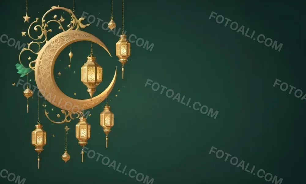 3d Model Golden Crescent Moon And Hanging Ornamental Lanterns With Intricate Geometric Patterns Against A Dark Green Background Evoking A Festive And Elegant Atmosphere Figure Octane Render Volumetric Highly Detail 21 724f