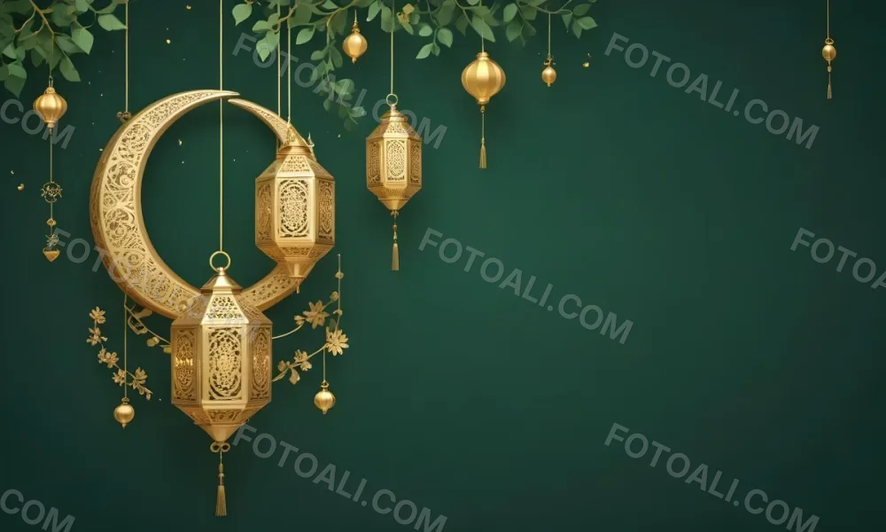 3d Model Golden Crescent Moon And Hanging Ornamental Lanterns With Intricate Geometric Patterns Against A Dark Green Background Evoking A Festive And Elegant Atmosphere Figure Octane Render Volumetric Highly Detail 22 C7ac
