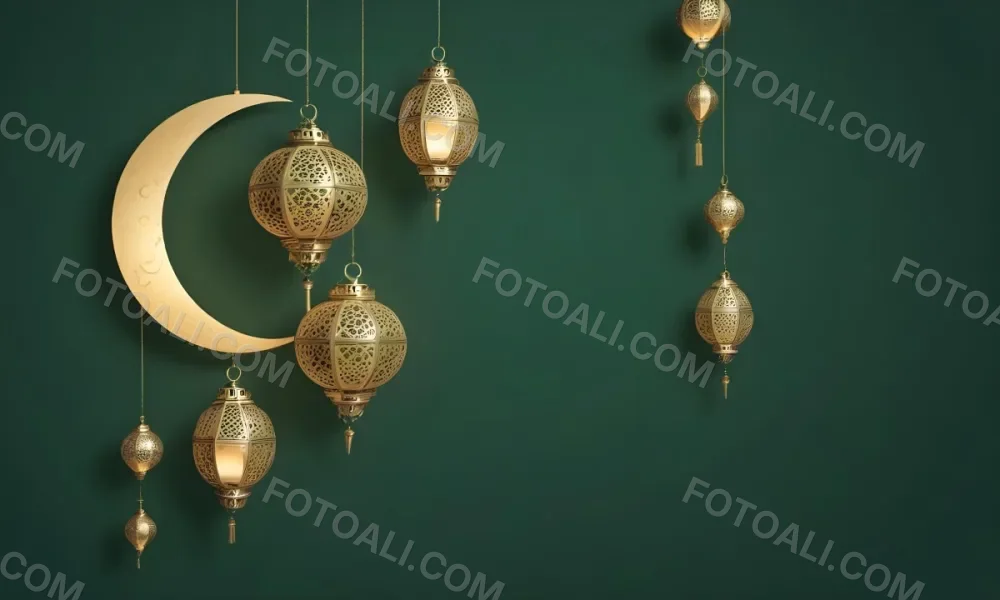 3d Model Golden Crescent Moon And Hanging Ornamental Lanterns With Intricate Geometric Patterns Against A Dark Green Background Evoking A Festive And Elegant Atmosphere Figure Octane Render Volumetric Highly Detail 28 E273