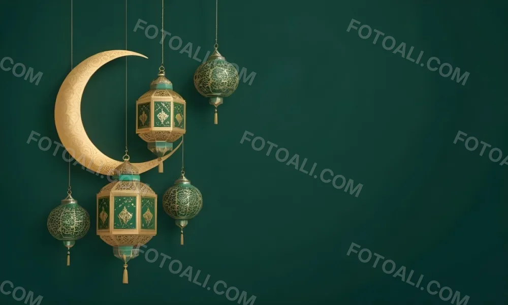 3d Model Golden Crescent Moon And Hanging Ornamental Lanterns With Intricate Geometric Patterns Against A Dark Green Background Evoking A Festive And Elegant Atmosphere Figure Octane Render Volumetric Highly Detail 31 E1ce