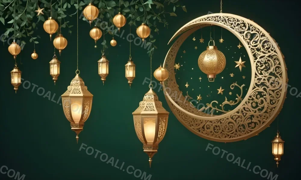3d Model Golden Crescent Moon And Hanging Ornamental Lanterns With Intricate Geometric Patterns Against A Dark Green Background Evoking A Festive And Elegant Atmosphere Figure Octane Render Volumetric Highly Detail 36 045f
