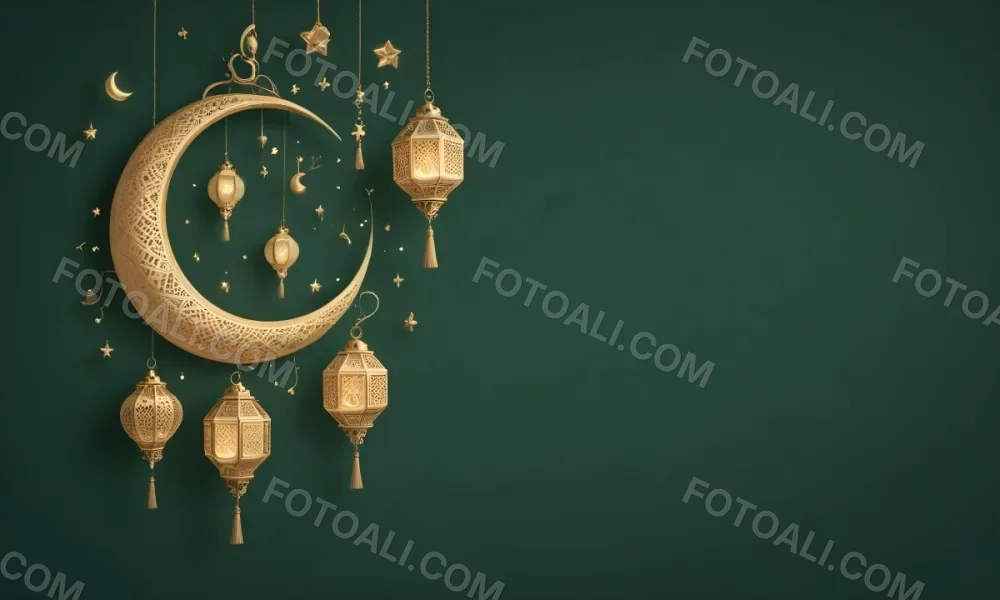 3d Model Golden Crescent Moon And Hanging Ornamental Lanterns With Intricate Geometric Patterns Against A Dark Green Background Evoking A Festive And Elegant Atmosphere Figure Octane Render Volumetric Highly Detail 39 4ac7