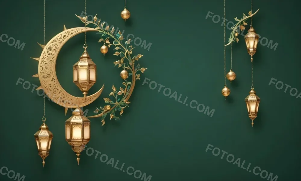 3d Model Golden Crescent Moon And Hanging Ornamental Lanterns With Intricate Geometric Patterns Against A Dark Green Background Evoking A Festive And Elegant Atmosphere Figure Octane Render Volumetric Highly Detail 41 9d7e
