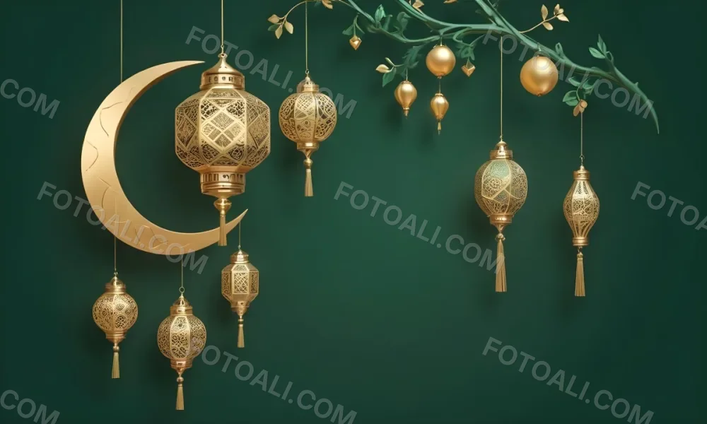 3d Model Golden Crescent Moon And Hanging Ornamental Lanterns With Intricate Geometric Patterns Against A Dark Green Background Evoking A Festive And Elegant Atmosphere Figure Octane Render Volumetric Highly Detail 42 456a