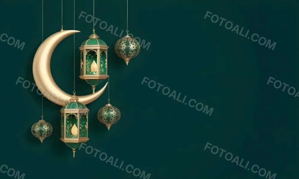 3d Model Golden Crescent Moon And Hanging Ornamental Lanterns With Intricate Geometric Patterns Against A Dark Green Background Evoking A Festive And Elegant Atmosphere Figure Octane Render Volumetric Highly Detail 46 A080
