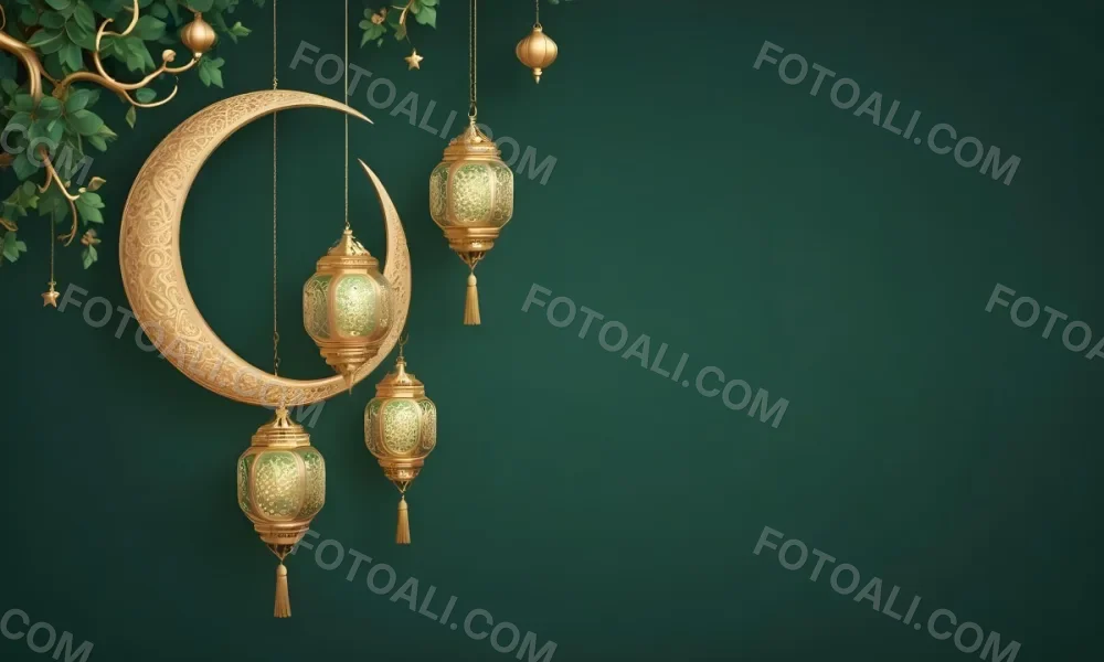 3d Model Golden Crescent Moon And Hanging Ornamental Lanterns With Intricate Geometric Patterns Against A Dark Green Background Evoking A Festive And Elegant Atmosphere Figure Octane Render Volumetric Highly Detail 50 5591
