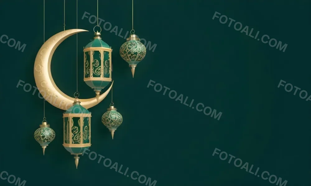 3d Model Golden Crescent Moon And Hanging Ornamental Lanterns With Intricate Geometric Patterns Against A Dark Green Background Evoking A Festive And Elegant Atmosphere Figure Octane Render Volumetric Highly Detail 6 7f4e