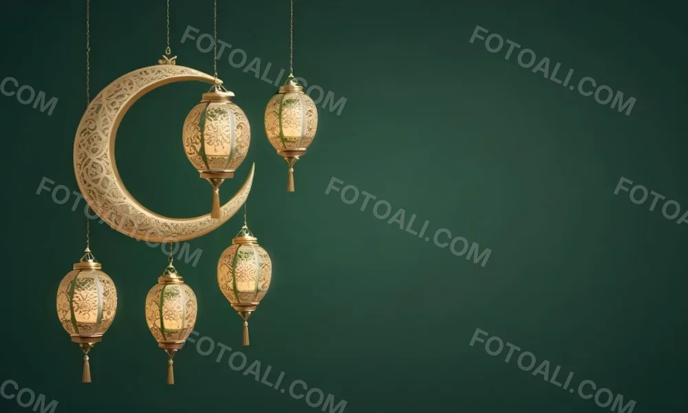 3d Model Golden Crescent Moon And Hanging Ornamental Lanterns With Intricate Geometric Patterns Against A Dark Green Background Evoking A Festive And Elegant Atmosphere Figure Octane Render Volumetric Highly Detail 7 1e62