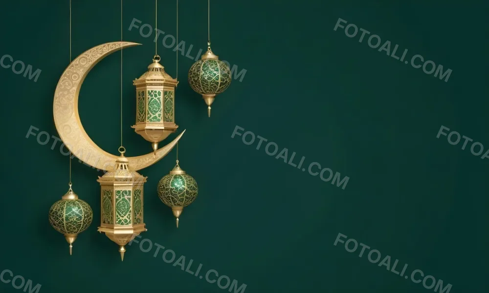 3d Model Golden Crescent Moon And Hanging Ornamental Lanterns With Intricate Geometric Patterns Against A Dark Green Background Evoking A Festive And Elegant Atmosphere Figure Octane Render Volumetric Highly Detail 8 F469