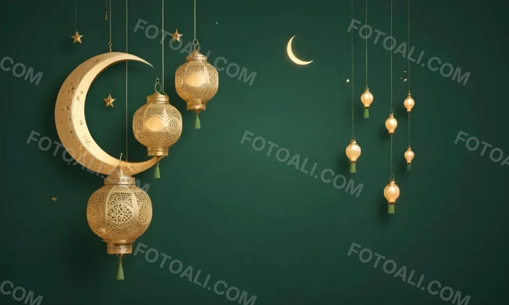 3d Model Golden Crescent Moon And Hanging Ornamental Lanterns With Intricate Geometric Patterns Against A Dark Green Background Evoking A Festive And Elegant Atmosphere Figure Octane Render Volumetric Highly Detail 9 700f