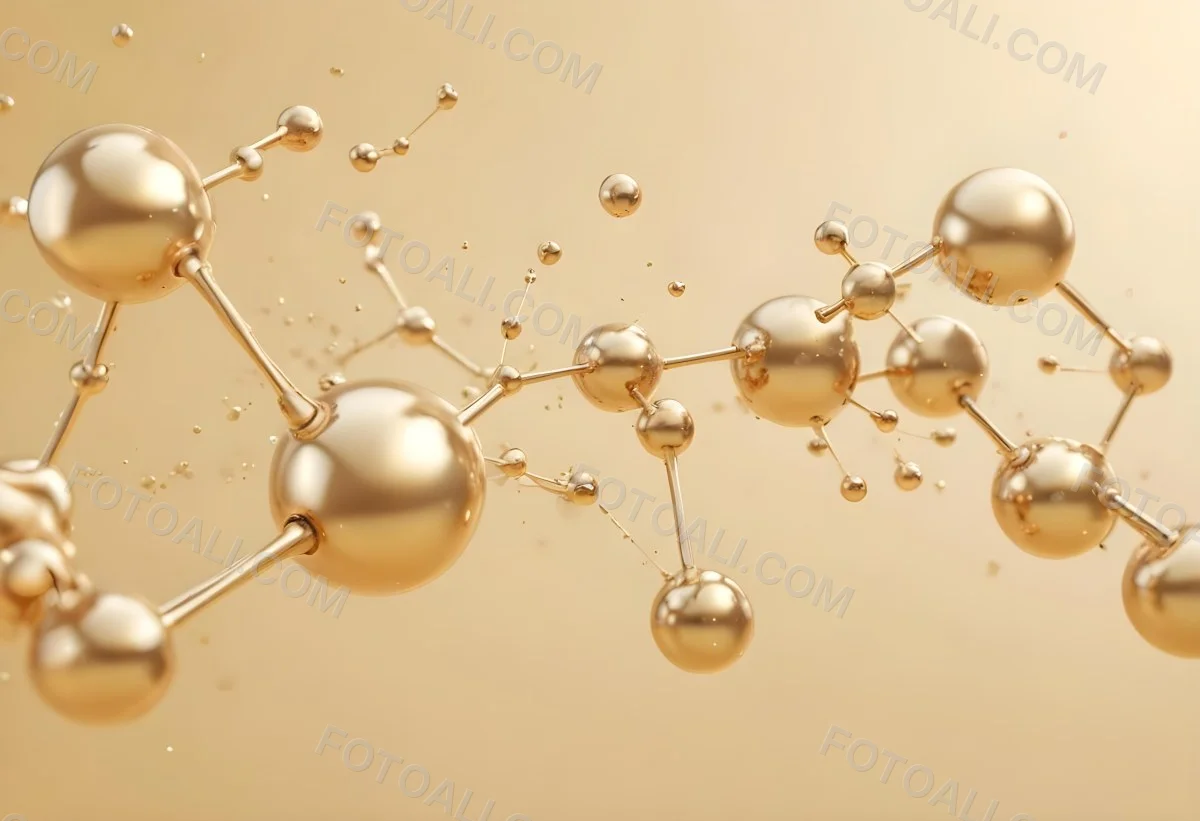 3d Model Golden Molecules Floating In A Bright Background With Small Shiny Particles Perfect For Cosmetic Product Presentation Elegant And Modern Design Figure Octane Render Volumetric Highly Detailed Videogame Aes 13 Ea2a