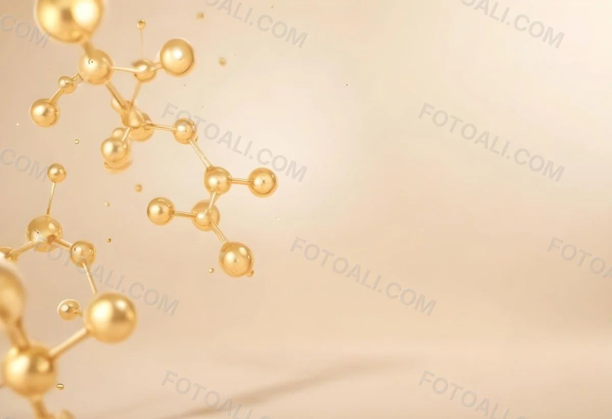 3d Model Golden Molecules Floating In A Bright Background With Small Shiny Particles Perfect For Cosmetic Product Presentation Elegant And Modern Design Figure Octane Render Volumetric Highly Detailed Videogame Aes 21 6aef