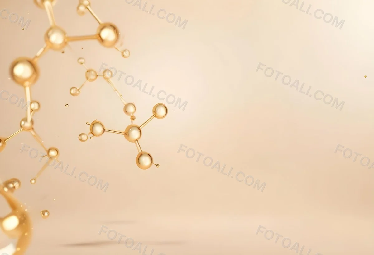 3d Model Golden Molecules Floating In A Bright Background With Small Shiny Particles Perfect For Cosmetic Product Presentation Elegant And Modern Design Figure Octane Render Volumetric Highly Detailed Videogame Aes 27 5e46