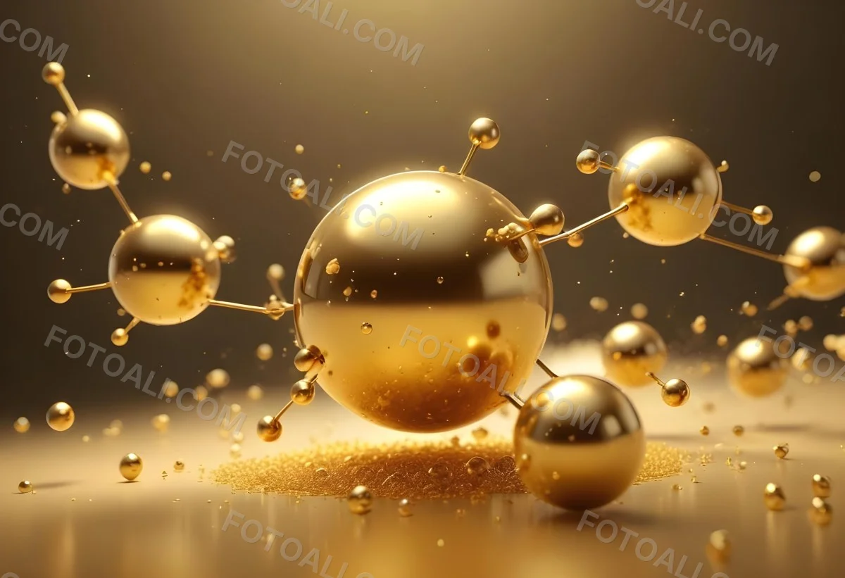 3d Model Golden Molecules Floating In A Bright Background With Small Shiny Particles Perfect For Cosmetic Product Presentation Elegant And Modern Design Figure Octane Render Volumetric Highly Detailed Videogame Aes 35 F384