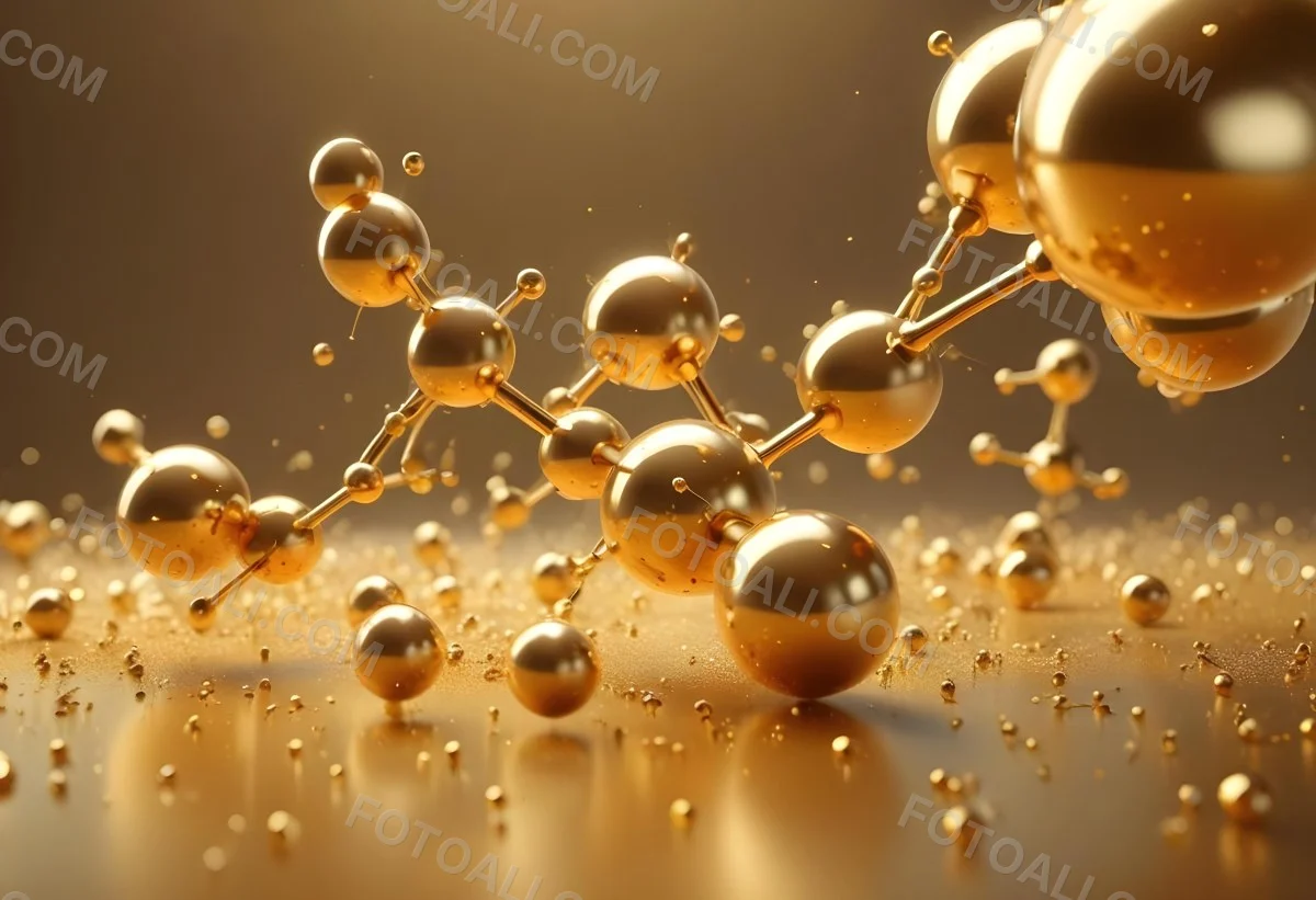 3d Model Golden Molecules Floating In A Bright Background With Small Shiny Particles Perfect For Cosmetic Product Presentation Elegant And Modern Design Figure Octane Render Volumetric Highly Detailed Videogame Aes 44 13c8