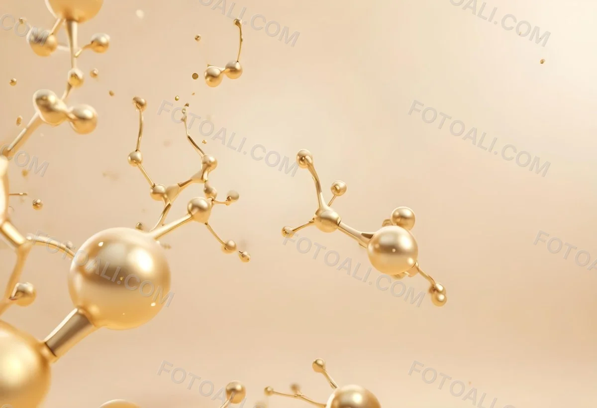 3d Model Golden Molecules Floating In A Bright Background With Small Shiny Particles Perfect For Cosmetic Product Presentation Elegant And Modern Design Figure Octane Render Volumetric Highly Detailed Videogame Aes 61 F25a