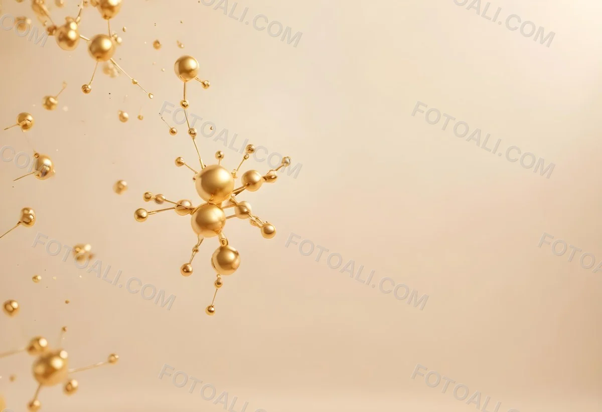 3d Model Golden Molecules Floating In A Bright Background With Small Shiny Particles Perfect For Cosmetic Product Presentation Elegant And Modern Design Figure Octane Render Volumetric Highly Detailed Videogame Aes 64 C521