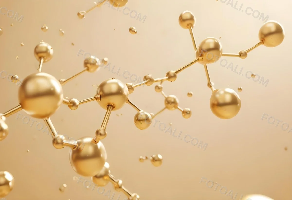 3d Model Golden Molecules Floating In A Bright Background With Small Shiny Particles Perfect For Cosmetic Product Presentation Elegant And Modern Design Figure Octane Render Volumetric Highly Detailed Videogame Aes 67 A281