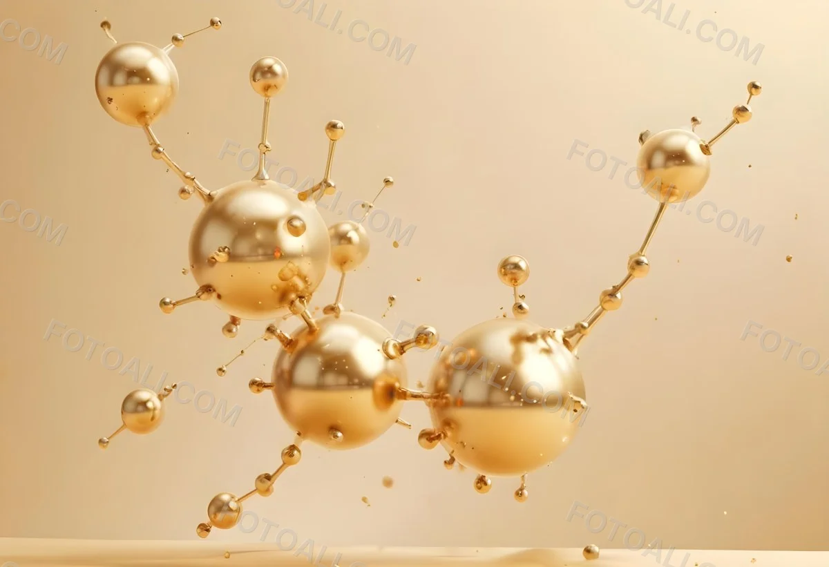 3d Model Golden Molecules Floating In A Bright Background With Small Shiny Particles Perfect For Cosmetic Product Presentation Elegant And Modern Design Figure Octane Render Volumetric Highly Detailed Videogame Aes 69 2ee8
