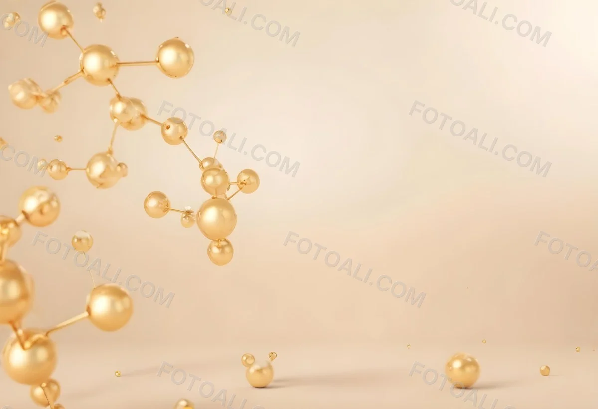 3d Model Golden Molecules Floating In A Bright Background With Small Shiny Particles Perfect For Cosmetic Product Presentation Elegant And Modern Design Figure Octane Render Volumetric Highly Detailed Videogame Aes 7 6c76