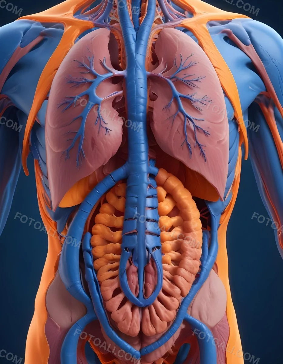 3d Model Human Anatomy With Lungs Intestines And Kidneys Highlighted In Orange Set Against A Blue Background Showcasing The Internal Structure Of The Body Figure Octane Render Volumetric Highly Detailed Videoga 11 749d