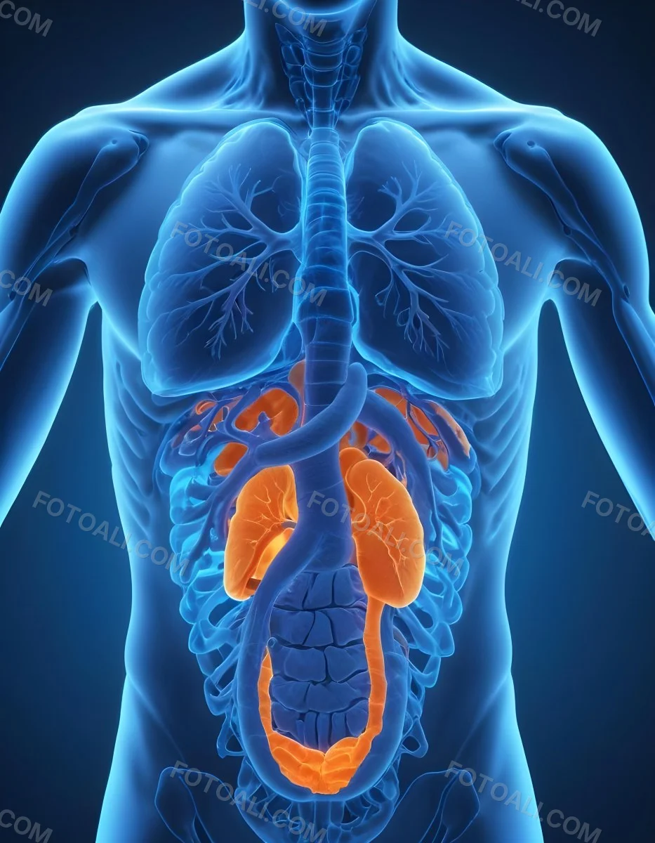 3d Model Human Anatomy With Lungs Intestines And Kidneys Highlighted In Orange Set Against A Blue Background Showcasing The Internal Structure Of The Body Figure Octane Render Volumetric Highly Detailed Videoga 14 88df