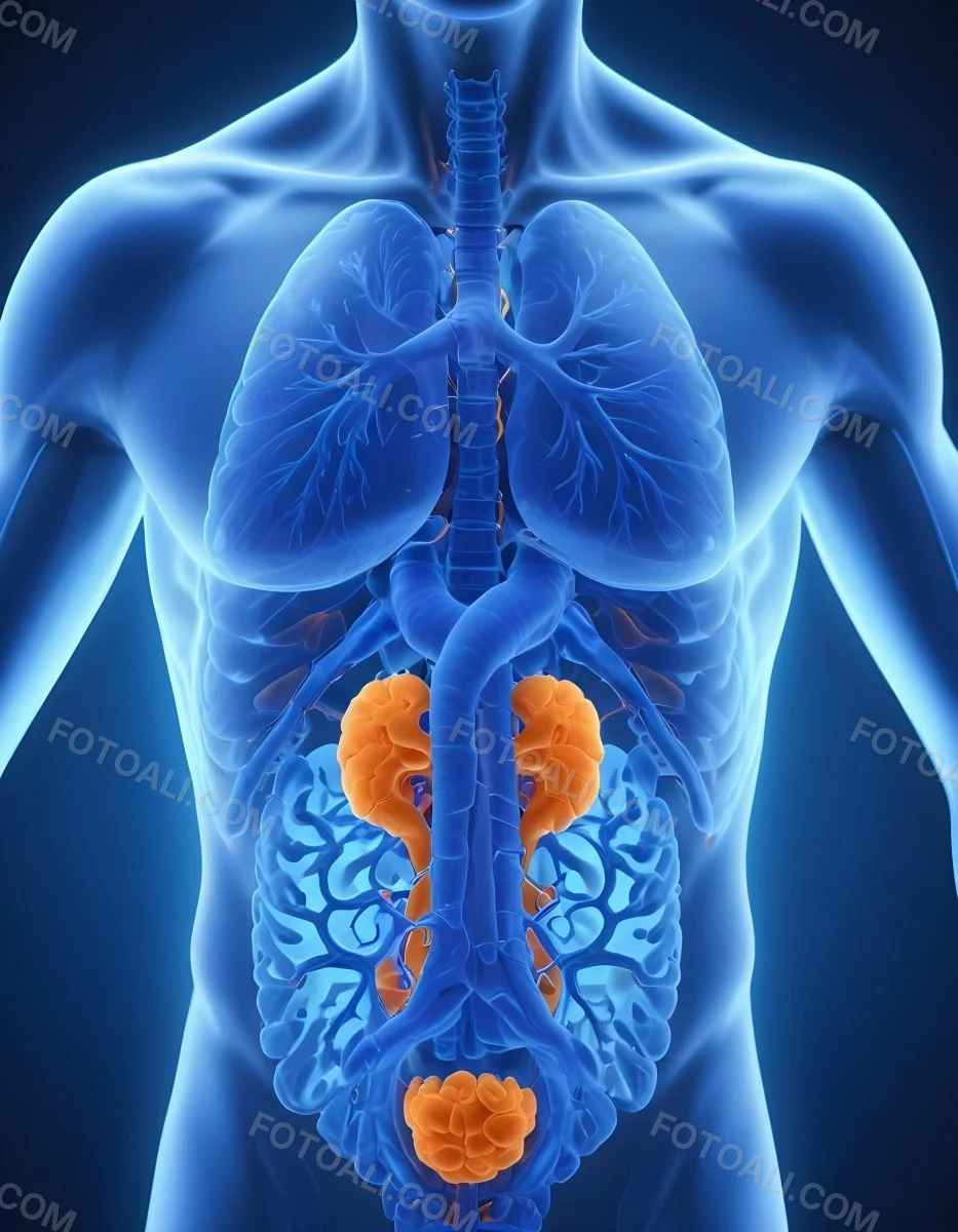 3d Model Human Anatomy With Lungs Intestines And Kidneys Highlighted In Orange Set Against A Blue Background Showcasing The Internal Structure Of The Body Figure Octane Render Volumetric Highly Detailed Videoga 17 5470