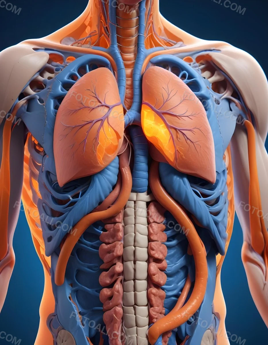3d Model Human Anatomy With Lungs Intestines And Kidneys Highlighted In Orange Set Against A Blue Background Showcasing The Internal Structure Of The Body Figure Octane Render Volumetric Highly Detailed Videoga 18 Ecb0