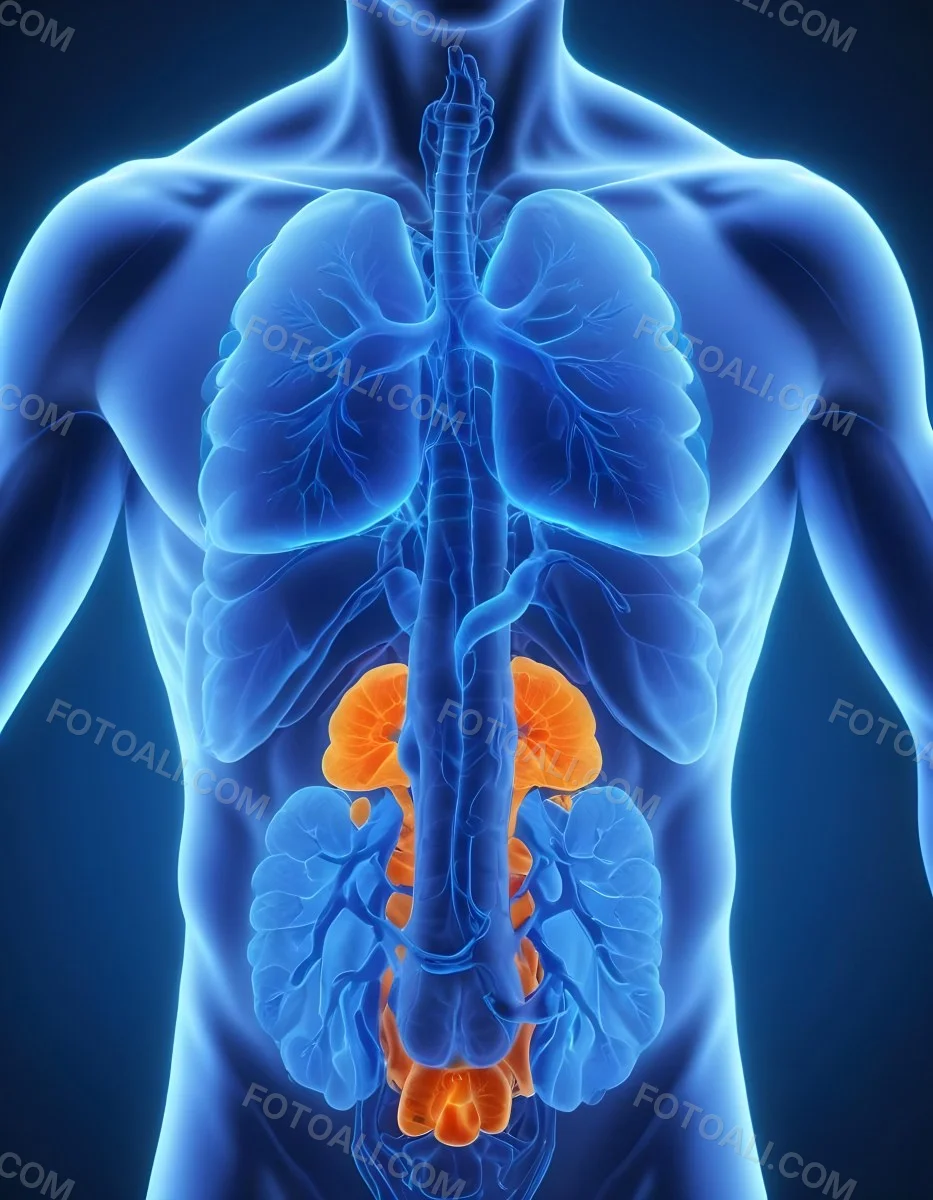 3d Model Human Anatomy With Lungs Intestines And Kidneys Highlighted In Orange Set Against A Blue Background Showcasing The Internal Structure Of The Body Figure Octane Render Volumetric Highly Detailed Videoga 19 103c