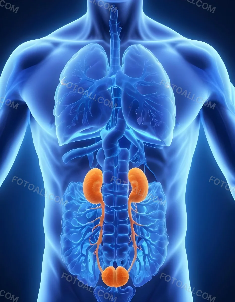 3d Model Human Anatomy With Lungs Intestines And Kidneys Highlighted In Orange Set Against A Blue Background Showcasing The Internal Structure Of The Body Figure Octane Render Volumetric Highly Detailed Videoga 21 B202