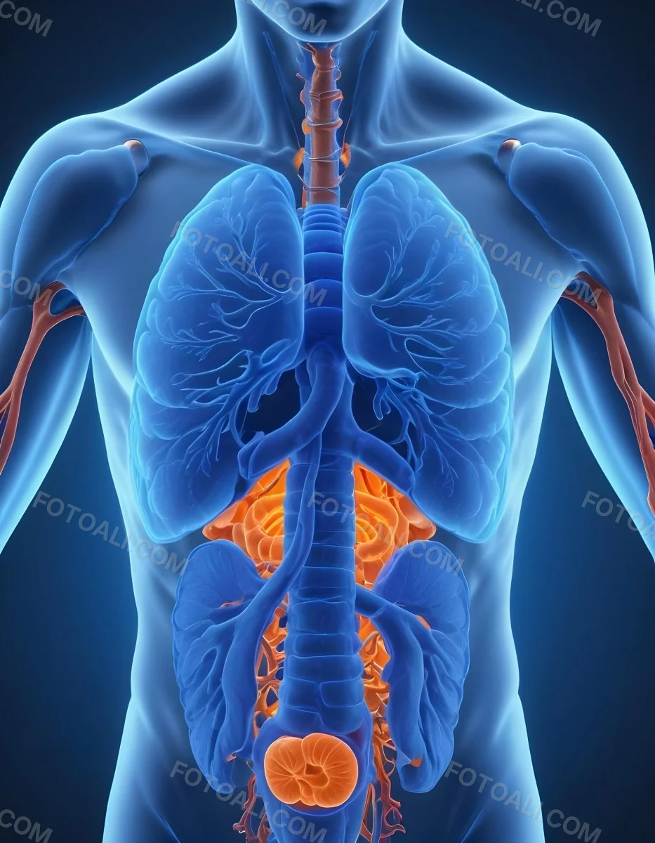 3d Model Human Anatomy With Lungs Intestines And Kidneys Highlighted In Orange Set Against A Blue Background Showcasing The Internal Structure Of The Body Figure Octane Render Volumetric Highly Detailed Videoga 22 02fe