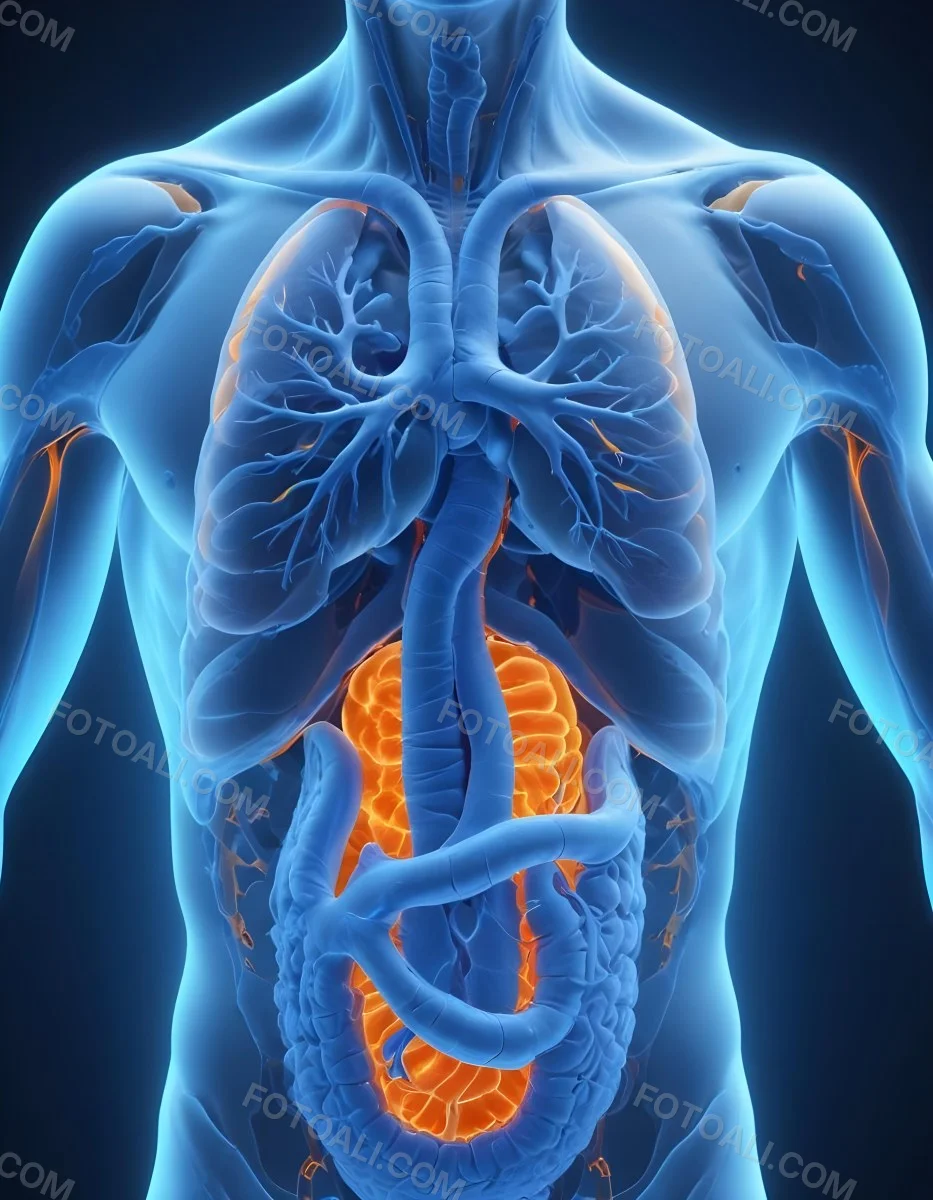 3d Model Human Anatomy With Lungs Intestines And Kidneys Highlighted In Orange Set Against A Blue Background Showcasing The Internal Structure Of The Body Figure Octane Render Volumetric Highly Detailed Videoga 35 6ce7