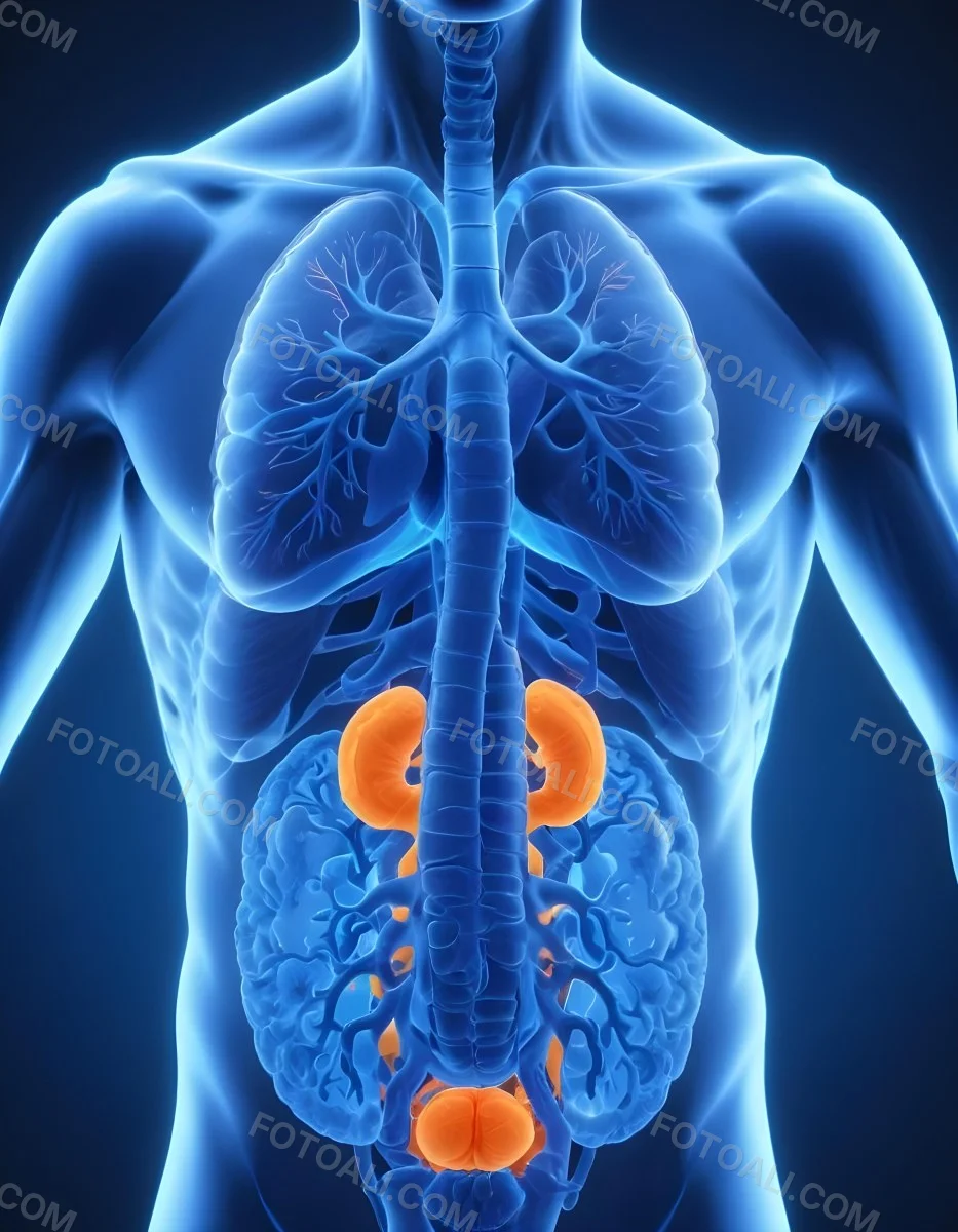 3d Model Human Anatomy With Lungs Intestines And Kidneys Highlighted In Orange Set Against A Blue Background Showcasing The Internal Structure Of The Body Figure Octane Render Volumetric Highly Detailed Videoga 39 59fc