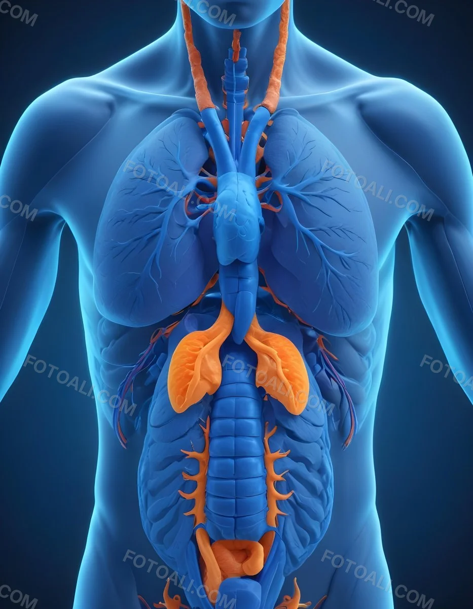 3d Model Human Anatomy With Lungs Intestines And Kidneys Highlighted In Orange Set Against A Blue Background Showcasing The Internal Structure Of The Body Figure Octane Render Volumetric Highly Detailed Videoga 4 0219