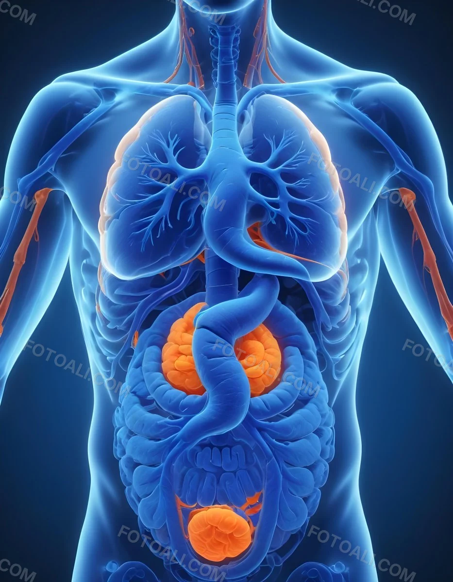 3d Model Human Anatomy With Lungs Intestines And Kidneys Highlighted In Orange Set Against A Blue Background Showcasing The Internal Structure Of The Body Figure Octane Render Volumetric Highly Detailed Videoga 5 6284