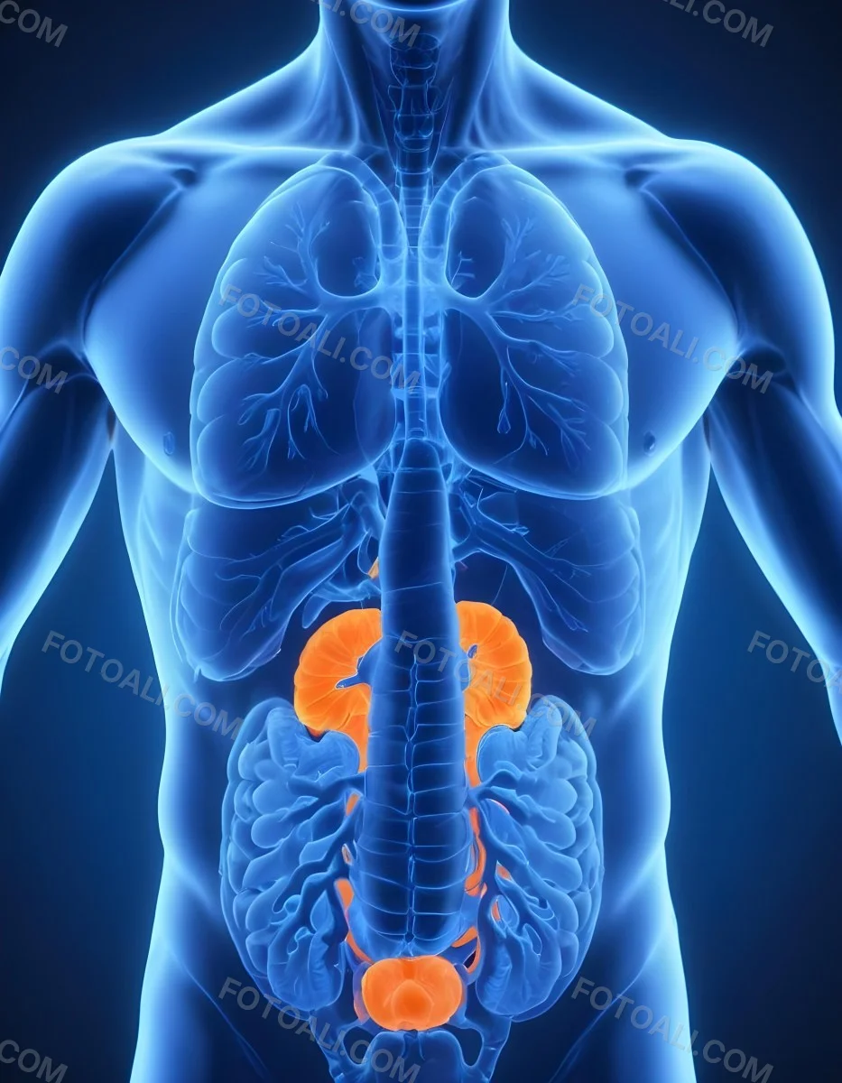 3d Model Human Anatomy With Lungs Intestines And Kidneys Highlighted In Orange Set Against A Blue Background Showcasing The Internal Structure Of The Body Figure Octane Render Volumetric Highly Detailed Videoga 6 58bd