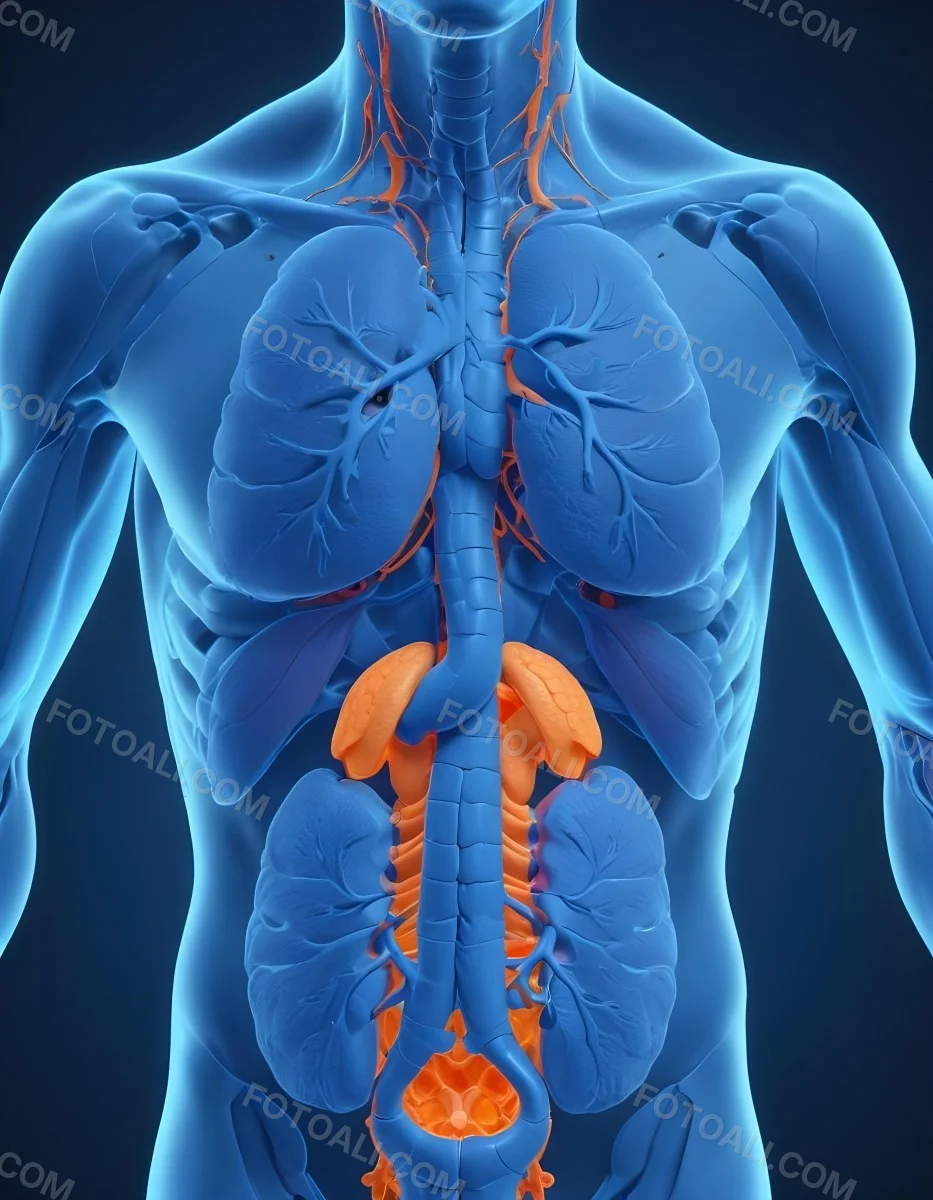 3d Model Human Anatomy With Lungs Intestines And Kidneys Highlighted In Orange Set Against A Blue Background Showcasing The Internal Structure Of The Body Figure Octane Render Volumetric Highly Detailed Videoga 7 8d0f