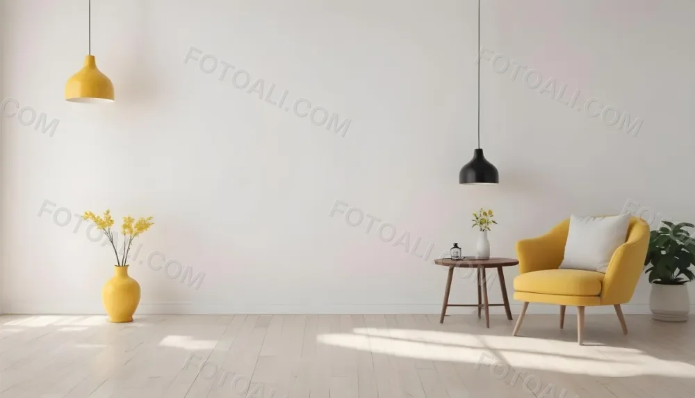 3d Model Interior Of A Room With A White Wall A Yellow Armchair A Wooden Table With A Vase And A Frame And A Hanging Lamp Figure Octane Render Volumetric Highly Detailed Videogame Aesthetic 13 E48b