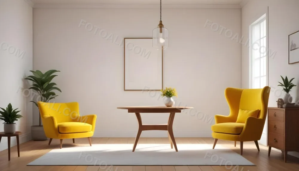 3d Model Interior Of A Room With A White Wall A Yellow Armchair A Wooden Table With A Vase And A Frame And A Hanging Lamp Figure Octane Render Volumetric Highly Detailed Videogame Aesthetic 15 2abf