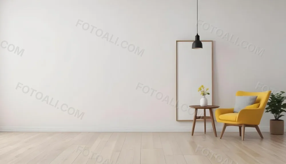 3d Model Interior Of A Room With A White Wall A Yellow Armchair A Wooden Table With A Vase And A Frame And A Hanging Lamp Figure Octane Render Volumetric Highly Detailed Videogame Aesthetic 16 9a2a