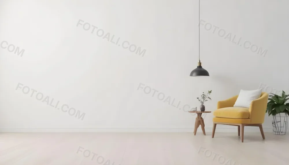 3d Model Interior Of A Room With A White Wall A Yellow Armchair A Wooden Table With A Vase And A Frame And A Hanging Lamp Figure Octane Render Volumetric Highly Detailed Videogame Aesthetic 2 B24a