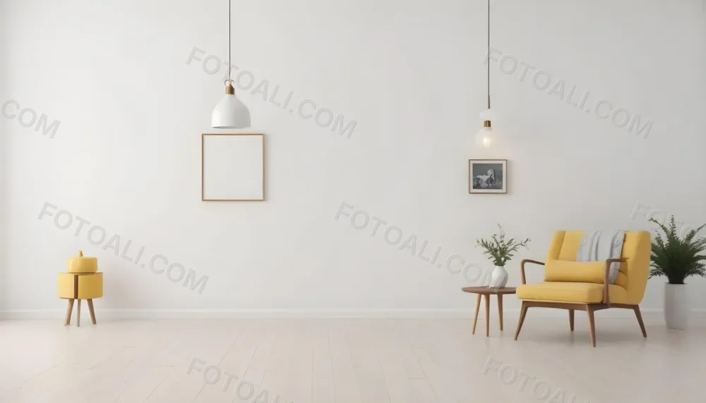 3d Model Interior Of A Room With A White Wall A Yellow Armchair A Wooden Table With A Vase And A Frame And A Hanging Lamp Figure Octane Render Volumetric Highly Detailed Videogame Aesthetic 4 24a3
