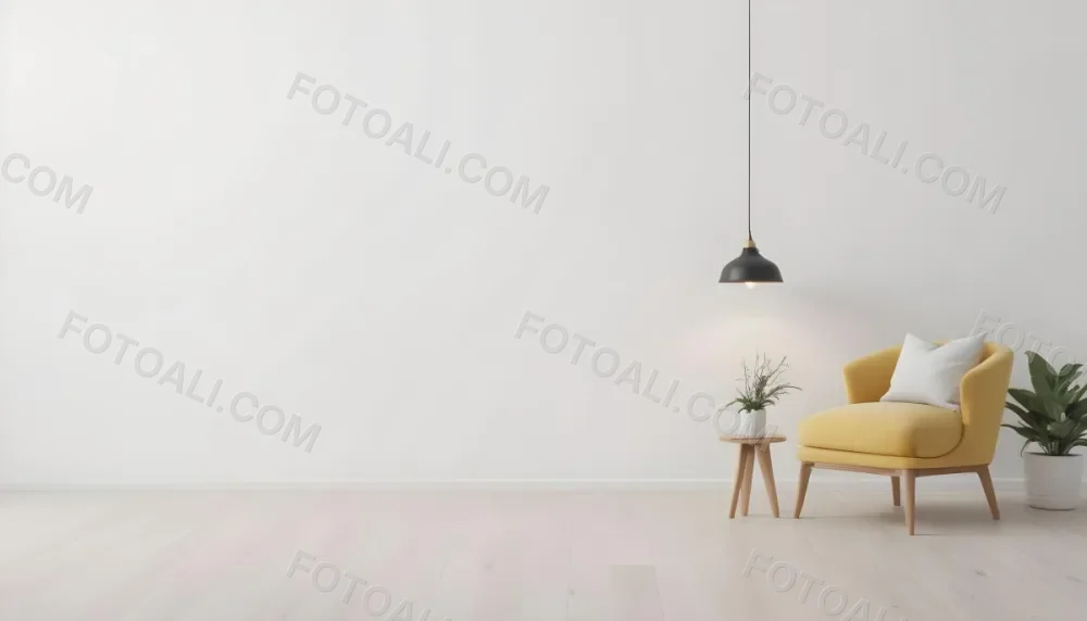 3d Model Interior Of A Room With A White Wall A Yellow Armchair A Wooden Table With A Vase And A Frame And A Hanging Lamp Figure Octane Render Volumetric Highly Detailed Videogame Aesthetic 5 B478