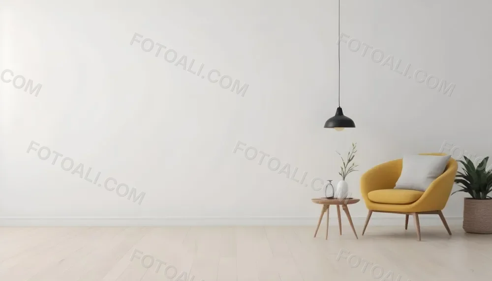 3d Model Interior Of A Room With A White Wall A Yellow Armchair A Wooden Table With A Vase And A Frame And A Hanging Lamp Figure Octane Render Volumetric Highly Detailed Videogame Aesthetic 6 65f4