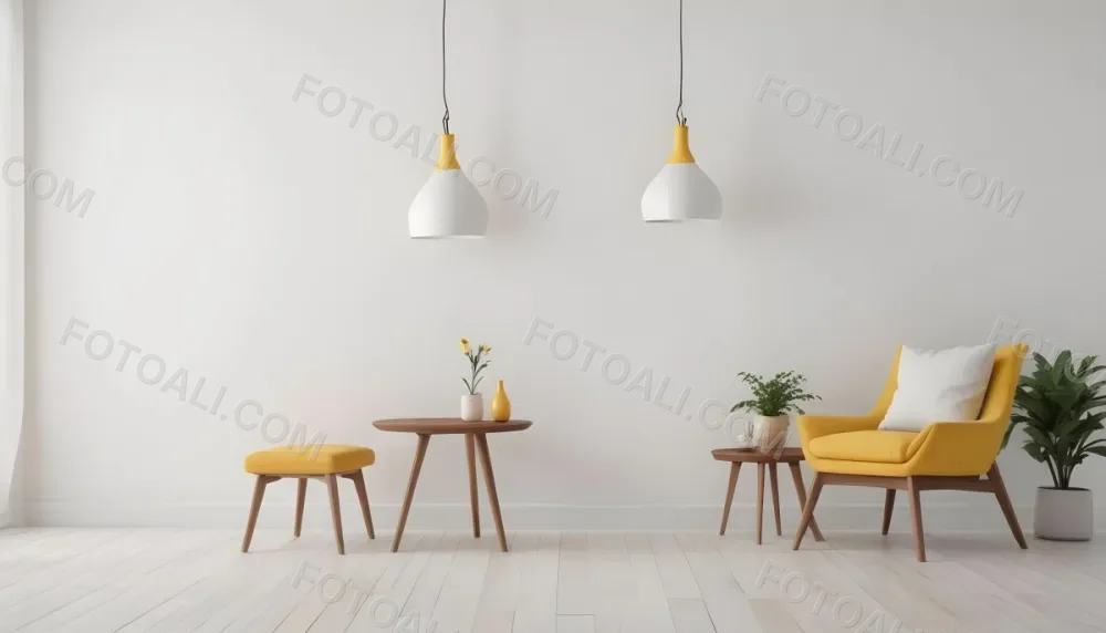 3d Model Interior Of A Room With A White Wall A Yellow Armchair A Wooden Table With A Vase And A Frame And A Hanging Lamp Figure Octane Render Volumetric Highly Detailed Videogame Aesthetic 7 F3f8