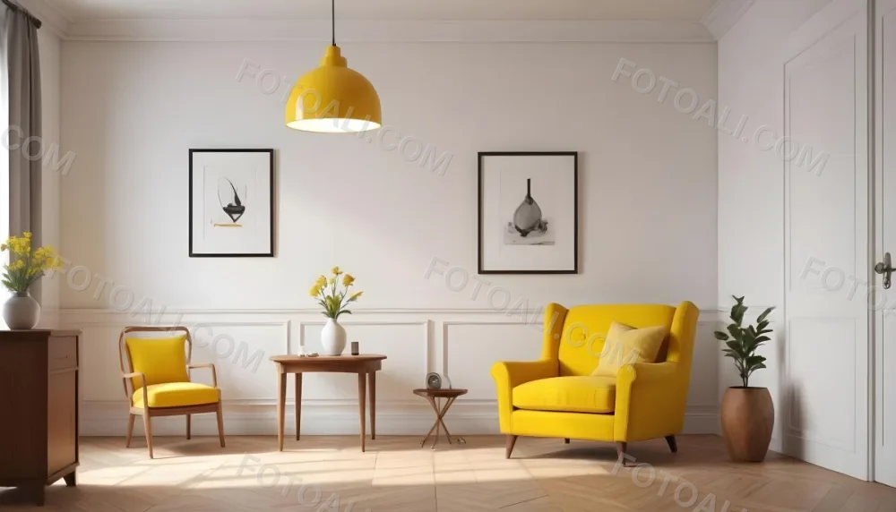 3d Model Interior Of A Room With A White Wall A Yellow Armchair A Wooden Table With A Vase And A Frame And A Hanging Lamp Figure Octane Render Volumetric Highly Detailed Videogame Aesthetic 8 F17a