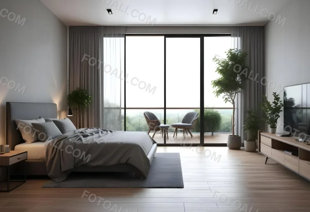 3d Model Modern Bedroom Featuring A Large Bed With Gray Bedding And A Textured Wall A Cozy Armchair Is Positioned Near A Small Table The Room Has Large Glass Doors Leading To A Balcony With Greenery Visible Outside 21 96bd