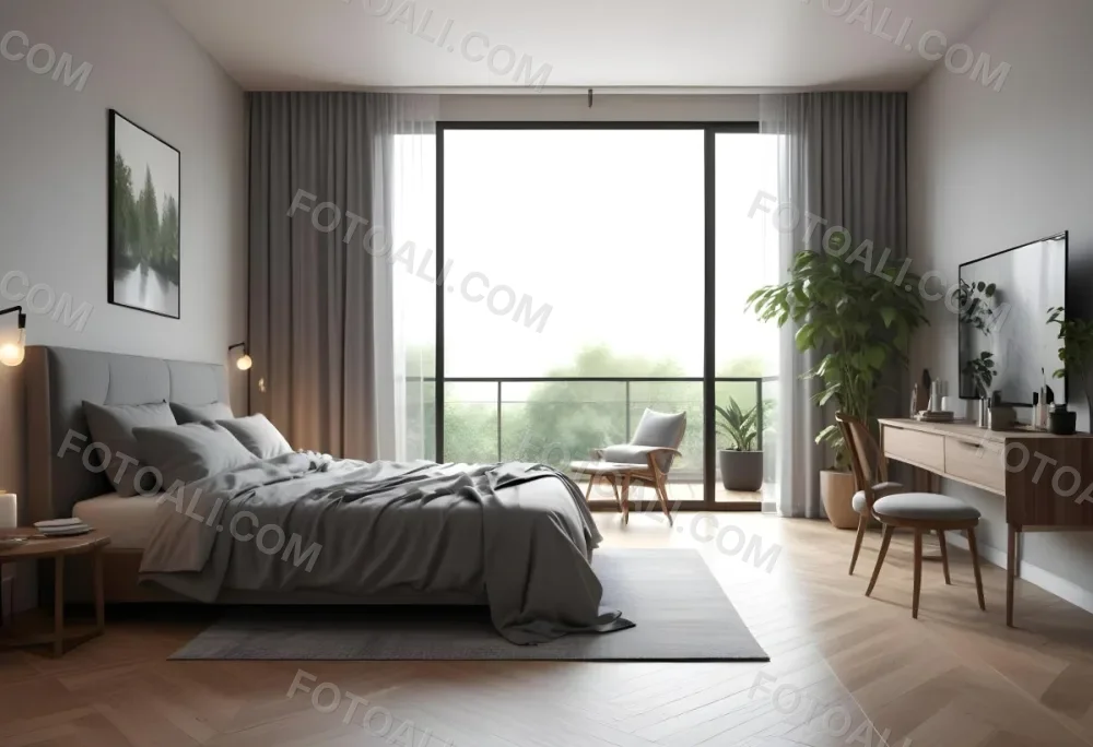 3d Model Modern Bedroom Featuring A Large Bed With Gray Bedding And A Textured Wall A Cozy Armchair Is Positioned Near A Small Table The Room Has Large Glass Doors Leading To A Balcony With Greenery Visible Outside 25 291b
