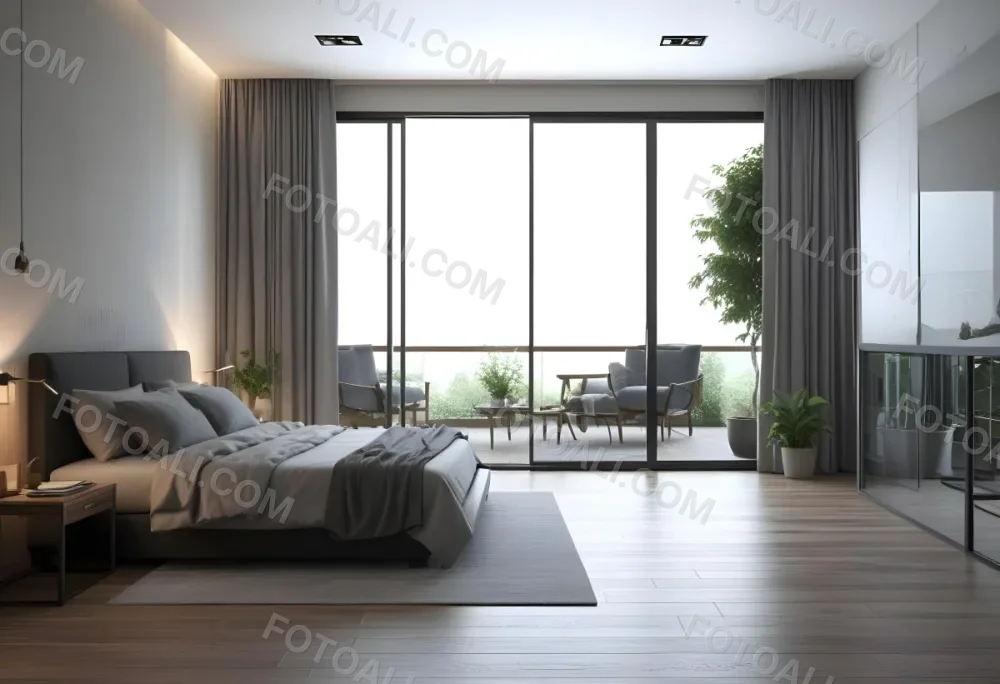 3d Model Modern Bedroom Featuring A Large Bed With Gray Bedding And A Textured Wall A Cozy Armchair Is Positioned Near A Small Table The Room Has Large Glass Doors Leading To A Balcony With Greenery Visible Outside 3 24bd