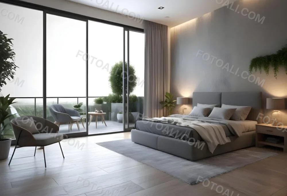 3d Model Modern Bedroom Featuring A Large Bed With Gray Bedding And A Textured Wall A Cozy Armchair Is Positioned Near A Small Table The Room Has Large Glass Doors Leading To A Balcony With Greenery Visible Outside 33 C190